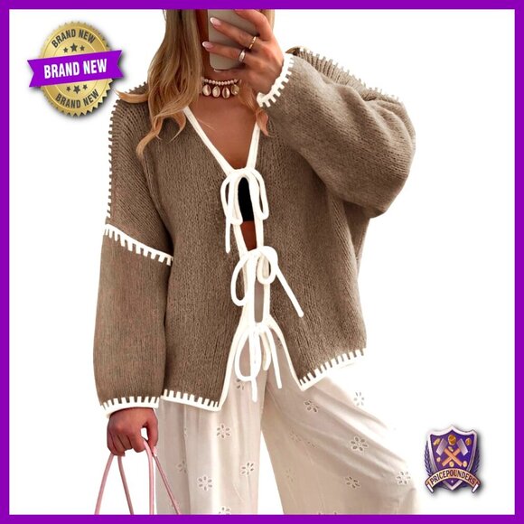 Sweaters - Oversized Cardigan with Bow Tie Front, Long Sleeve, Soft Knit Fabric